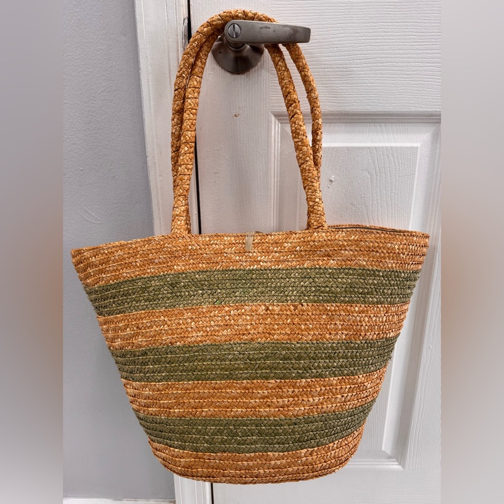 Striped Tan and Green Woven Tote Bag